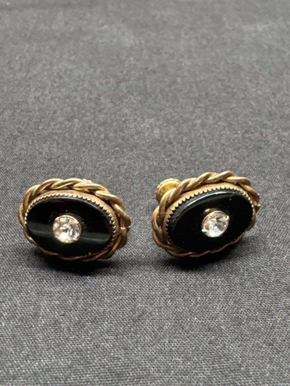 Vintage Gold-Tone Screw-Back Earrings With Black Oval Accents & Clear Rhinestone